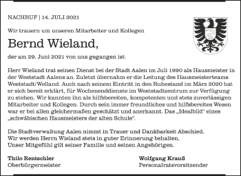 Anzeige von Bernd Wieland von Schwäbische Zeitung