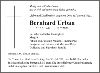 Anzeige von Bernhard Urban von Schwäbische Zeitung