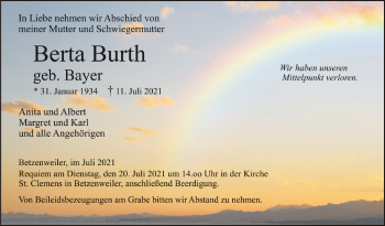 Anzeige von Berta Burth von Schwäbische Zeitung