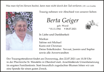 Anzeige von Berta Geiger von Schwäbische Zeitung