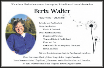 Anzeige von Berta Walter von Schwäbische Zeitung