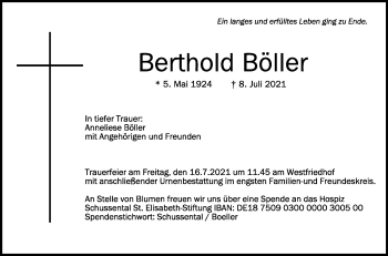 Anzeige von Berthold Böller von Schwäbische Zeitung