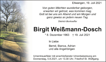 Anzeige von Birgit Weißmann-Dosch von Schwäbische Zeitung