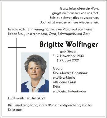 Anzeige von Brigitte Wolfinger von Schwäbische Zeitung