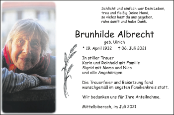 Anzeige von Brunhilde Albrecht von Schwäbische Zeitung