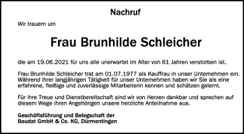 Anzeige von Brunhilde Schleicher von Schwäbische Zeitung