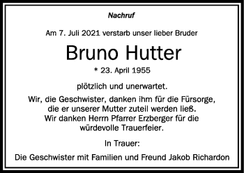 Anzeige von Bruno Hutter von Schwäbische Zeitung