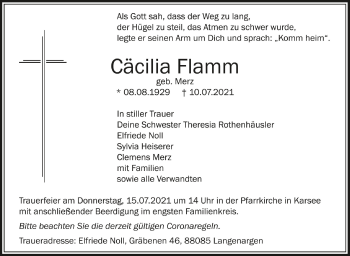 Anzeige von Cäcilia Flamm von Schwäbische Zeitung