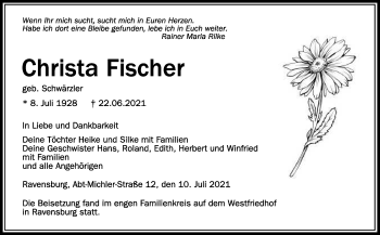 Anzeige von Christa Fischer von Schwäbische Zeitung
