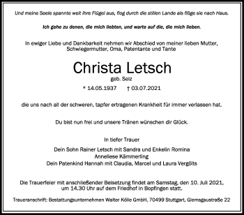 Anzeige von Christa Letsch von Schwäbische Zeitung