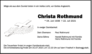 Anzeige von Christa Rothmund von Schwäbische Zeitung