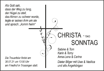 Anzeige von Christa Sonntag von Schwäbische Zeitung