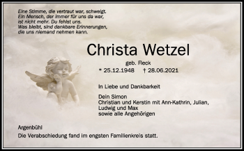 Anzeige von Christa Wetzel von Schwäbische Zeitung