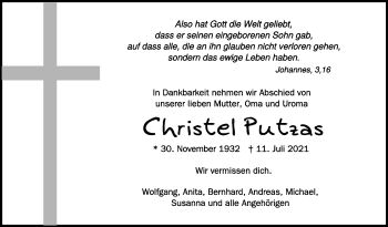 Anzeige von Christel Putzas von Schwäbische Zeitung