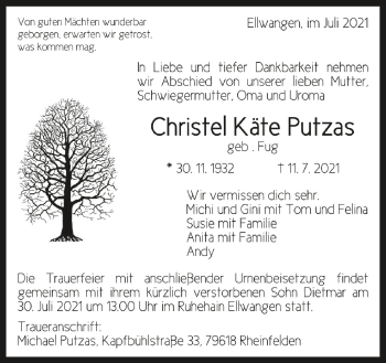 Anzeige von Christel Käte Putzas von Schwäbische Zeitung