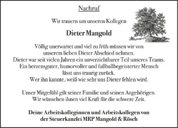 Anzeige von Dieter Mangold von Schwäbische Zeitung