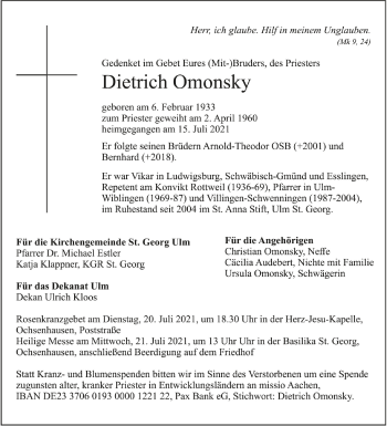 Anzeige von Dietrich Omonsky von Schwäbische Zeitung