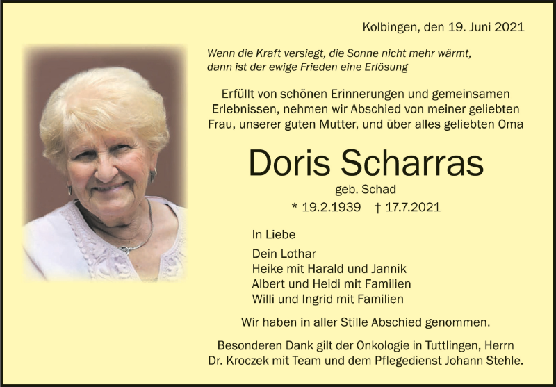  Traueranzeige für Doris Scharras vom 24.07.2021 aus Schwäbische Zeitung