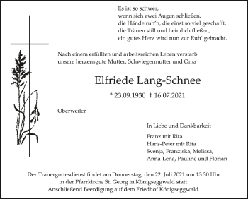 Anzeige von Elfriede Lang-Schnee von Schwäbische Zeitung