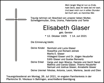 Anzeige von Elisabeth Glaser von Schwäbische Zeitung