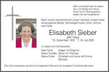 Anzeige von Elisabeth Sieber von Schwäbische Zeitung