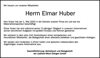Anzeige von Elmar Huber von Schwäbische Zeitung