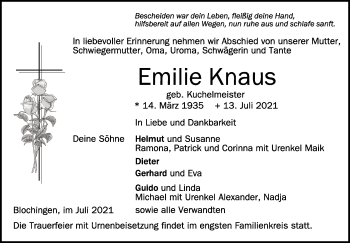Anzeige von Emilie Knaus von Schwäbische Zeitung