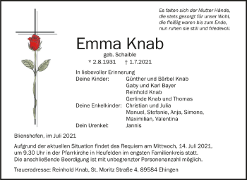 Anzeige von Emma Knab von Schwäbische Zeitung