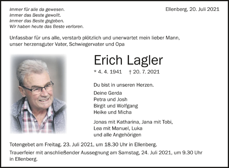  Traueranzeige für Erich Lagler vom 22.07.2021 aus Schwäbische Zeitung