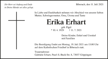 Anzeige von Erika Erhart von Schwäbische Zeitung