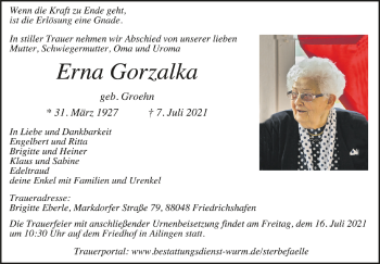 Anzeige von Erna Gorzalka von Schwäbische Zeitung