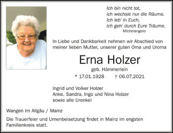 Anzeige von Erna Holzer von Schwäbische Zeitung