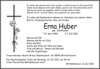 Anzeige von Erna Huber von Schwäbische Zeitung