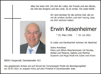 Anzeige von Erwin Kesenheimer von Schwäbische Zeitung