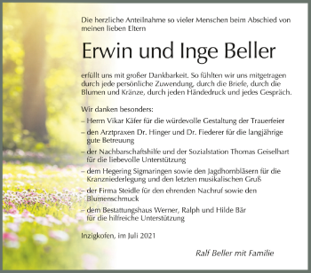 Anzeige von Erwin und Inge Beller von Schwäbische Zeitung