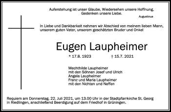 Anzeige von Eugen Laupheimer von Schwäbische Zeitung