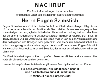 Anzeige von Eugen Szimstich von Schwäbische Zeitung