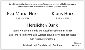 Anzeige von Eva Maria und Klaus Hörr von Schwäbische Zeitung
