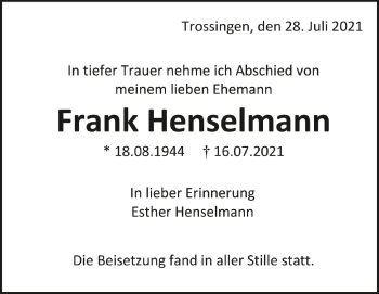 Anzeige von Frank Henselmann von Schwäbische Zeitung