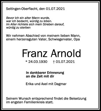Anzeige von Franz Arnold von Schwäbische Zeitung