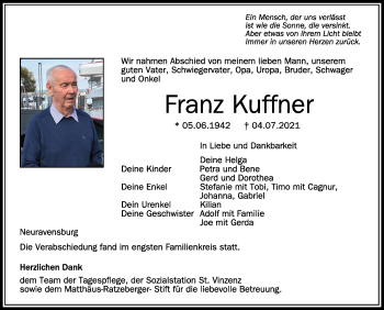 Anzeige von Franz Kuffner von Schwäbische Zeitung