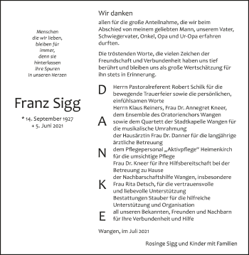 Anzeige von Franz Sigg von Schwäbische Zeitung