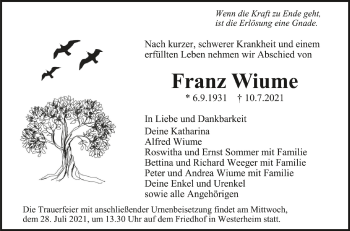 Anzeige von Franz Wiume von Schwäbische Zeitung