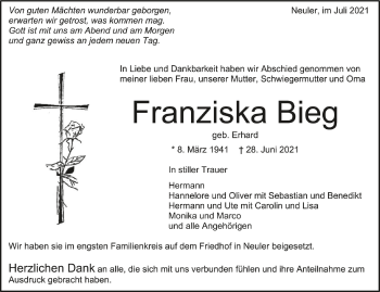 Anzeige von Franziska Bieg von Schwäbische Zeitung