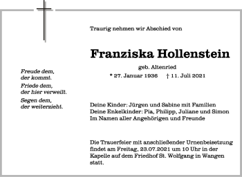 Anzeige von Franziska Hollenstein von Schwäbische Zeitung
