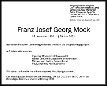 Anzeige von Franz Josef Georg Mock von Schwäbische Zeitung
