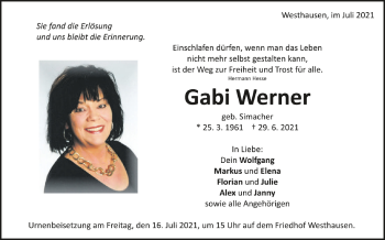 Anzeige von Gabi Werner von Schwäbische Zeitung
