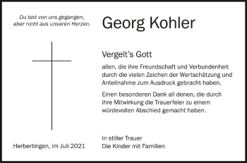 Anzeige von Georg Kohler von Schwäbische Zeitung