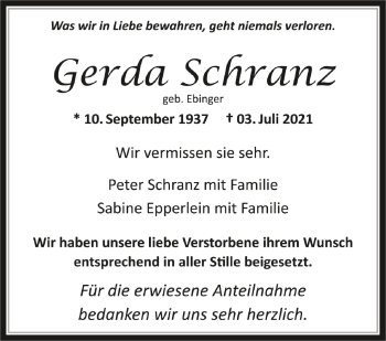 Anzeige von Gerda Schranz von Schwäbische Zeitung