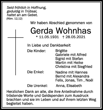 Anzeige von Gerda Wohnhas von Schwäbische Zeitung